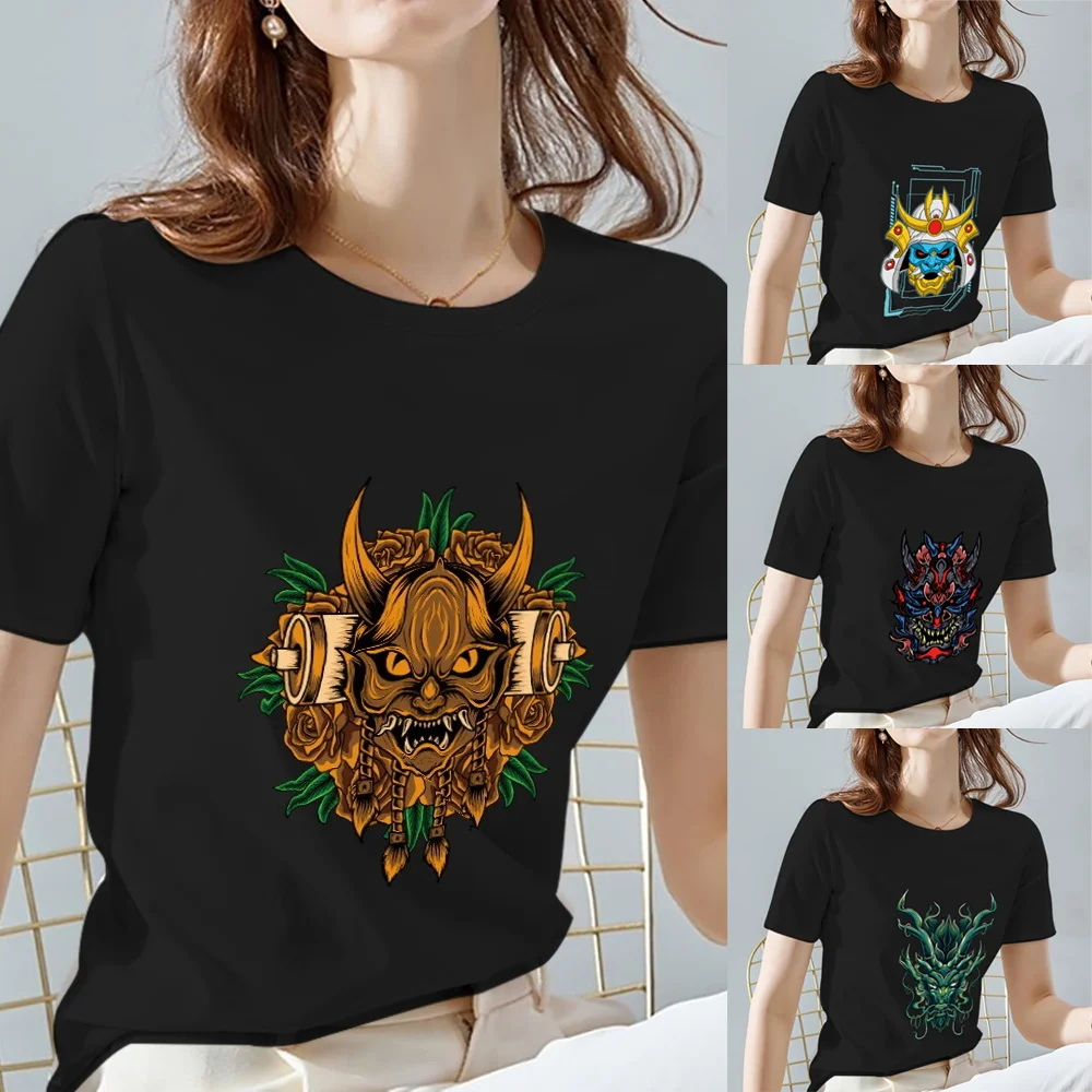 

Women Tops Tee Black All-match Casual Ladies T-Shirts O Neck Monster Pattern Print Commuter Short Sleeve Women's Clothing