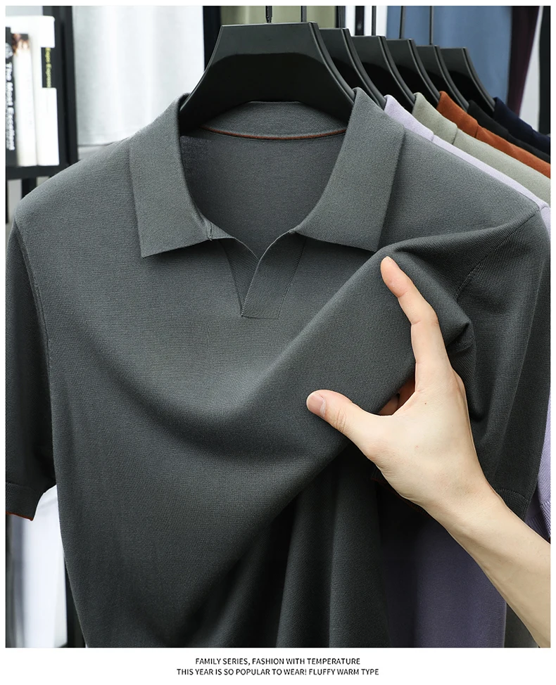 100% Lyocell Knitwear 2025 Men Spring Summer Trendy Turn Down Collar Knit Tees Short Sleeve Breathable Knit Tops