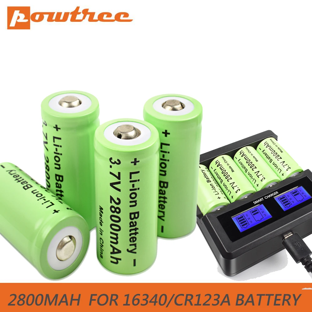 Powtree Cr123a 16340 RCR 123 ICR  Battery 2800mAh 3.7V Li-ion Rechargeable Battery For Arlo Security Camera