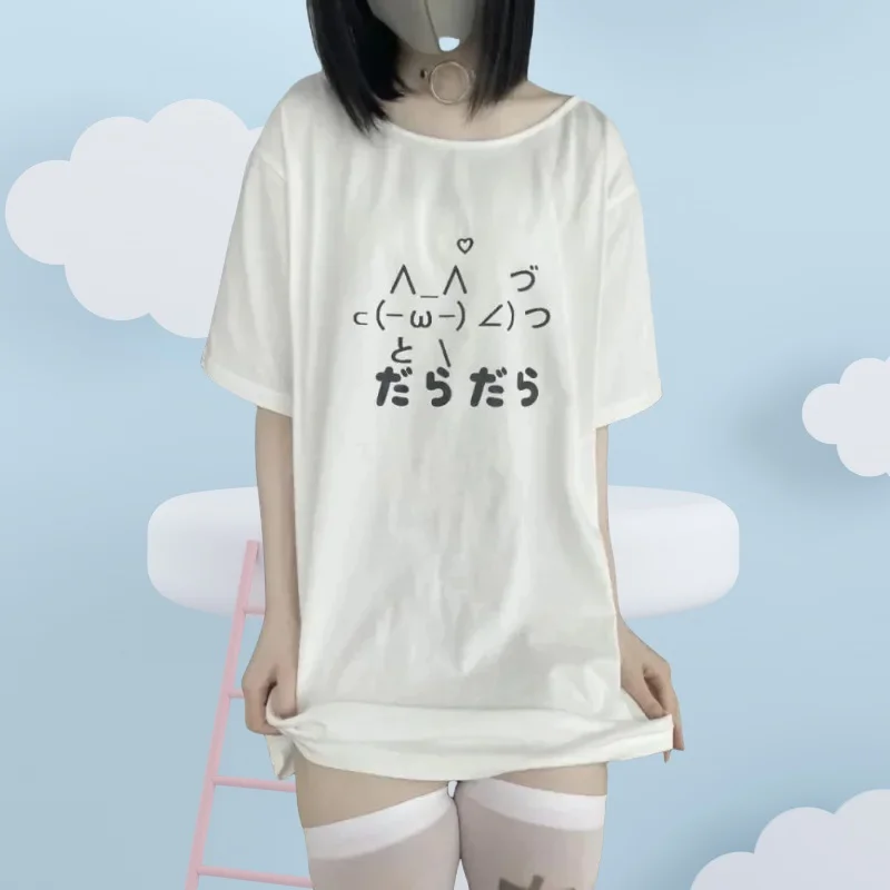 Camiseta holgada y bonita de estética Y2k para mujer camisetas informales con cuello redondo de dibujos animados japoneses 1