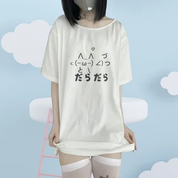 Camiseta holgada y bonita de estética Y2k para mujer camisetas informales con cuello redondo de dibujos animados japoneses 1