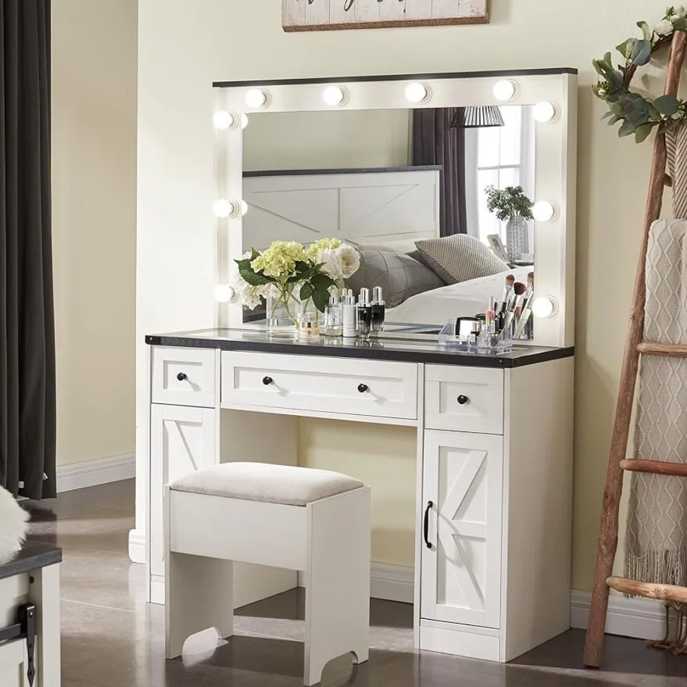 

Makeup Vanity Dressers with Mirror and Lights, Farmhouse Vanity Dressing Table Set with 3 Drawers & 2 Cabinets, Dressers