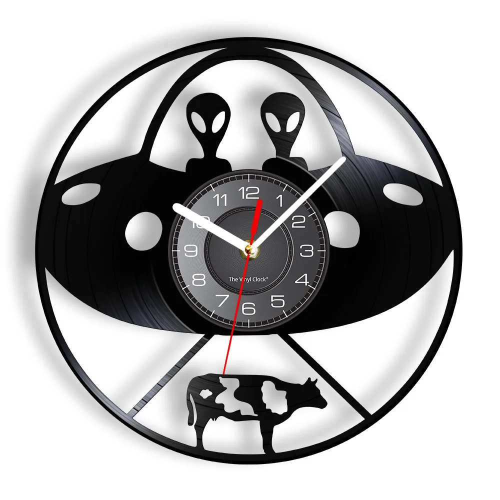 

UFO Cow Abduction Laser Cut Longplay Wall Clock For Living Room Outer Space Home Decor Alien Saucer Retro Vinyl Record Clock