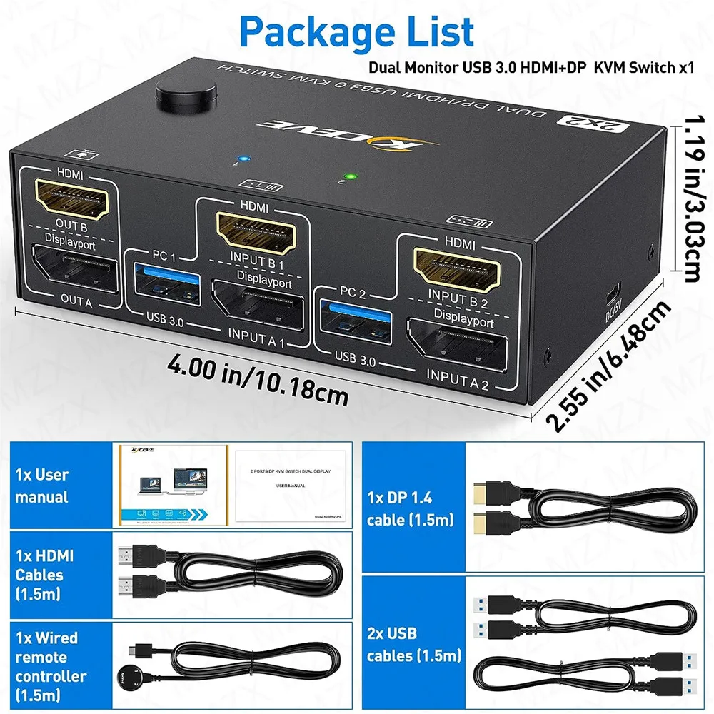 MZX KVM 스위치 MST 스위처 선택기, USB 3.0 허브 A 도킹 스테이션, HDMI 호환 DP 2 컴퓨터 공유 2 모니터 4 USB 장치