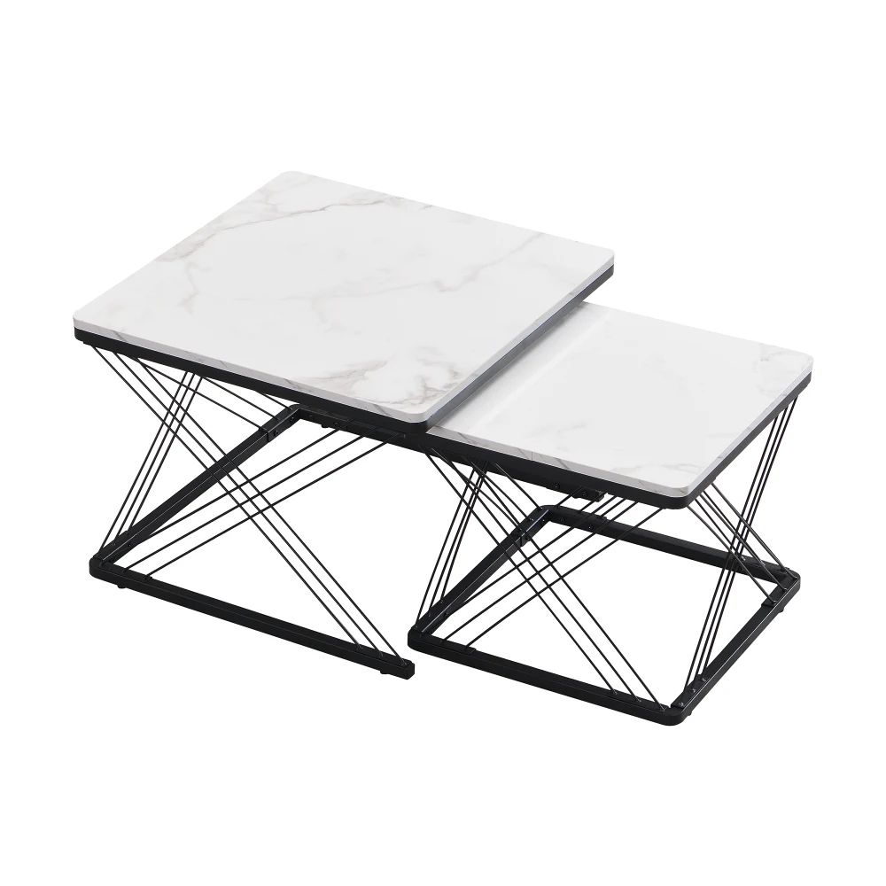 2-teiliges Couchtisch-Set, quadratische Tische in 60 x 60 x 45 cm und 45 x 45 x 40 cm, hochglänzende Marmoroptik, höhenverstellbare Füße, bis zu 30 kg – Detail 12