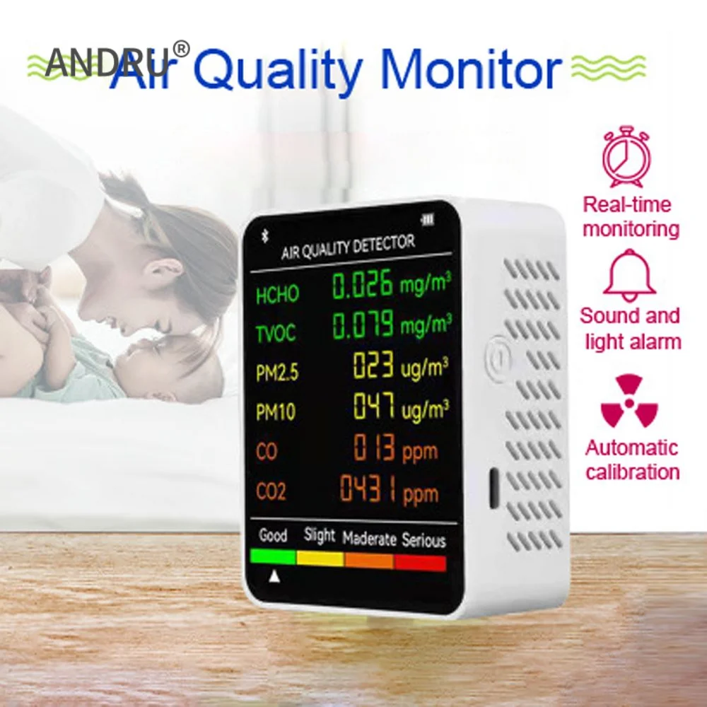 

6in1 Air Quality Detector PM2.5 PM10 HCHO TVOC CO 2 Meter Carbon Dioxide Formaldehyde Monitor LCD Digital Display