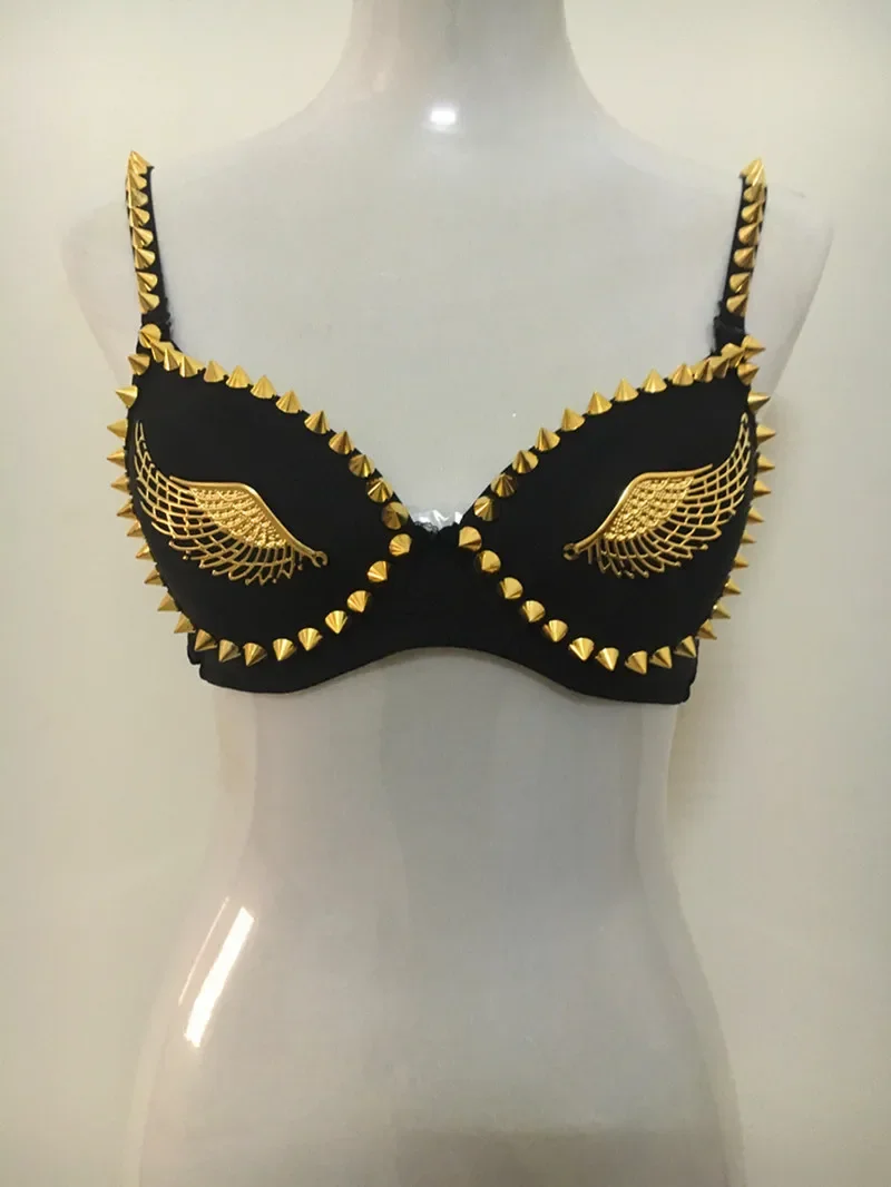 Nightclub Show Women Chic Spike Stud Rivet Bra Gold Silver Lingerie Punk Party Clubwear Push Up Bra for Women Dance Costume