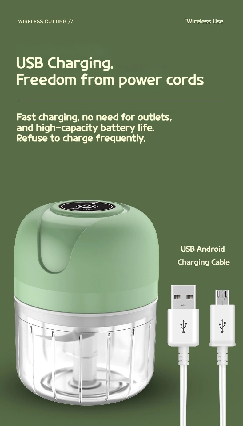 Mini Electric Garlic Chopper 250ML, USB Charging Ginger and Vegetable Cutter, Food Processor Kitchen Tool for Quick Chopping
