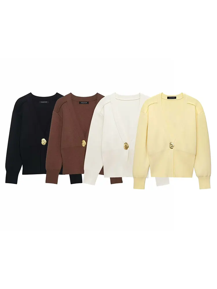 HH Women Casual Knitted Cardigan V Neck Long Sleeve Golden Button Sweaters Solid Simple Office Lady Outerwear Chic Tops
