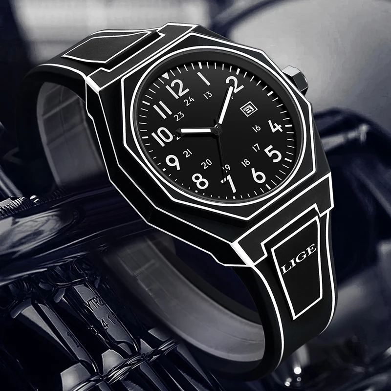 LIGE Fashion Creative Watches For Men Casual Sports Men Quartz Wristwatch Silicone Waterproof Date Chronograph Relogio Masculino