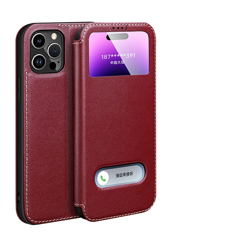 4 Colori Per Apple Iphone 14 15 Pro Max Plus Iphone15 Vera Pelle Naturale Genuina Premium Flip Cover Phone Case View Window