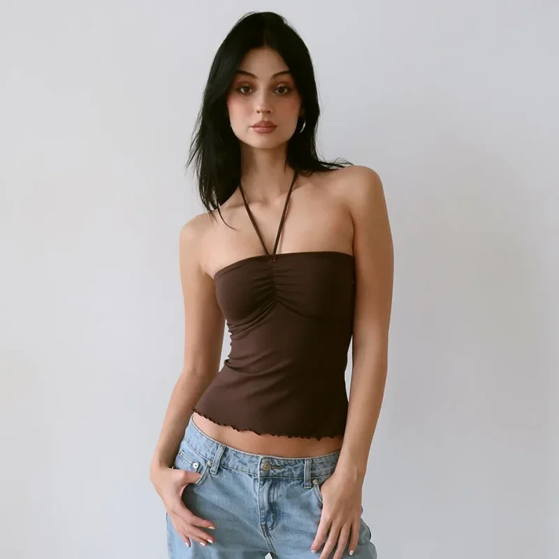 Top de una pieza informal corto con dobladillo enrollado para mujer, moda de verano, top bandeau de color liso, top sexy con cuello de encaje y sin mangas.
