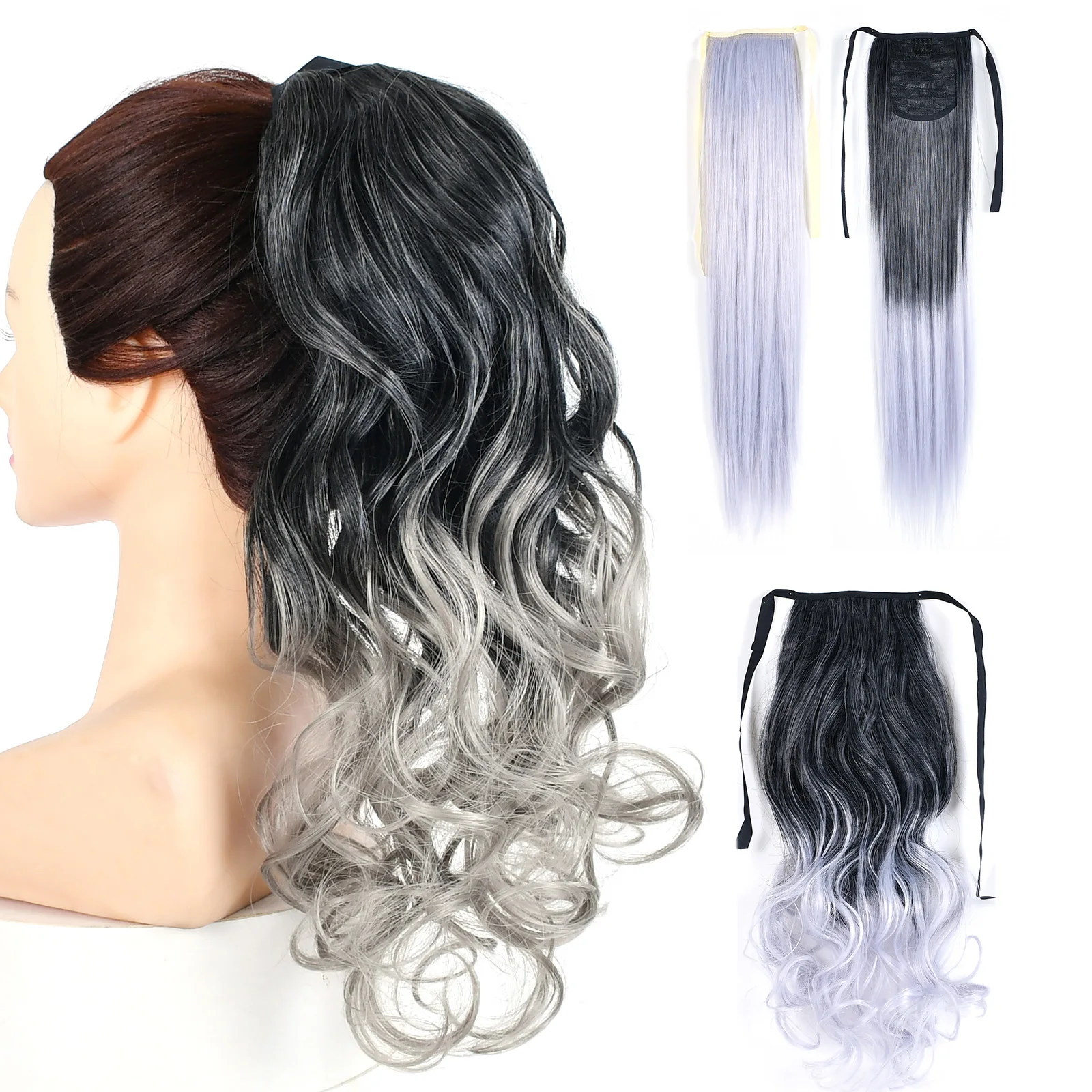 Jeedou 그레이 포니테일 헤어 익스텐션 긴 웨이브 스트레이트 그레이 리본 드..