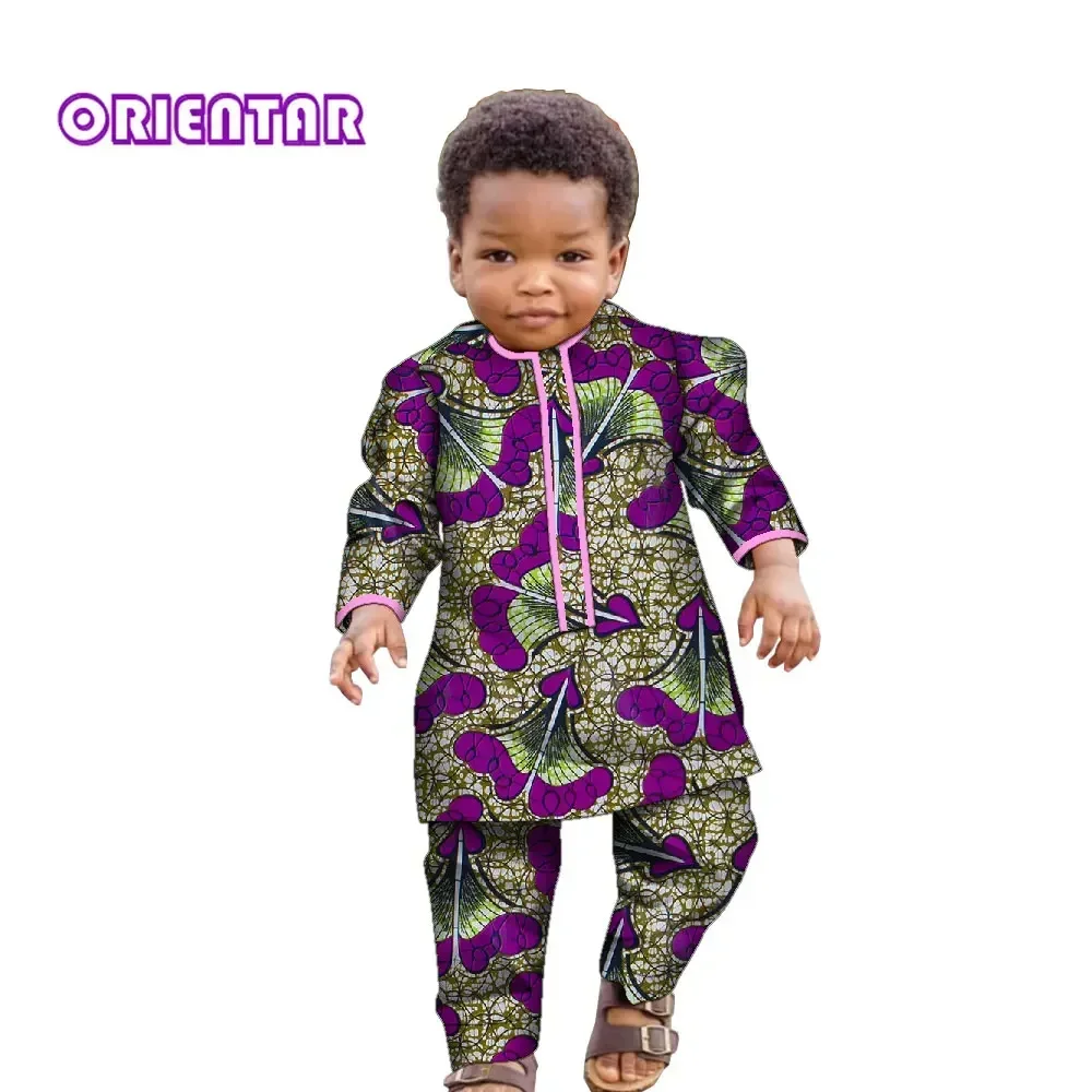 Children Costume Ankara Fashion Floral Print Boy Suit 2 Pcs Set Long Sleeve Shirt and Pant African Clothes Dashiki Outfit