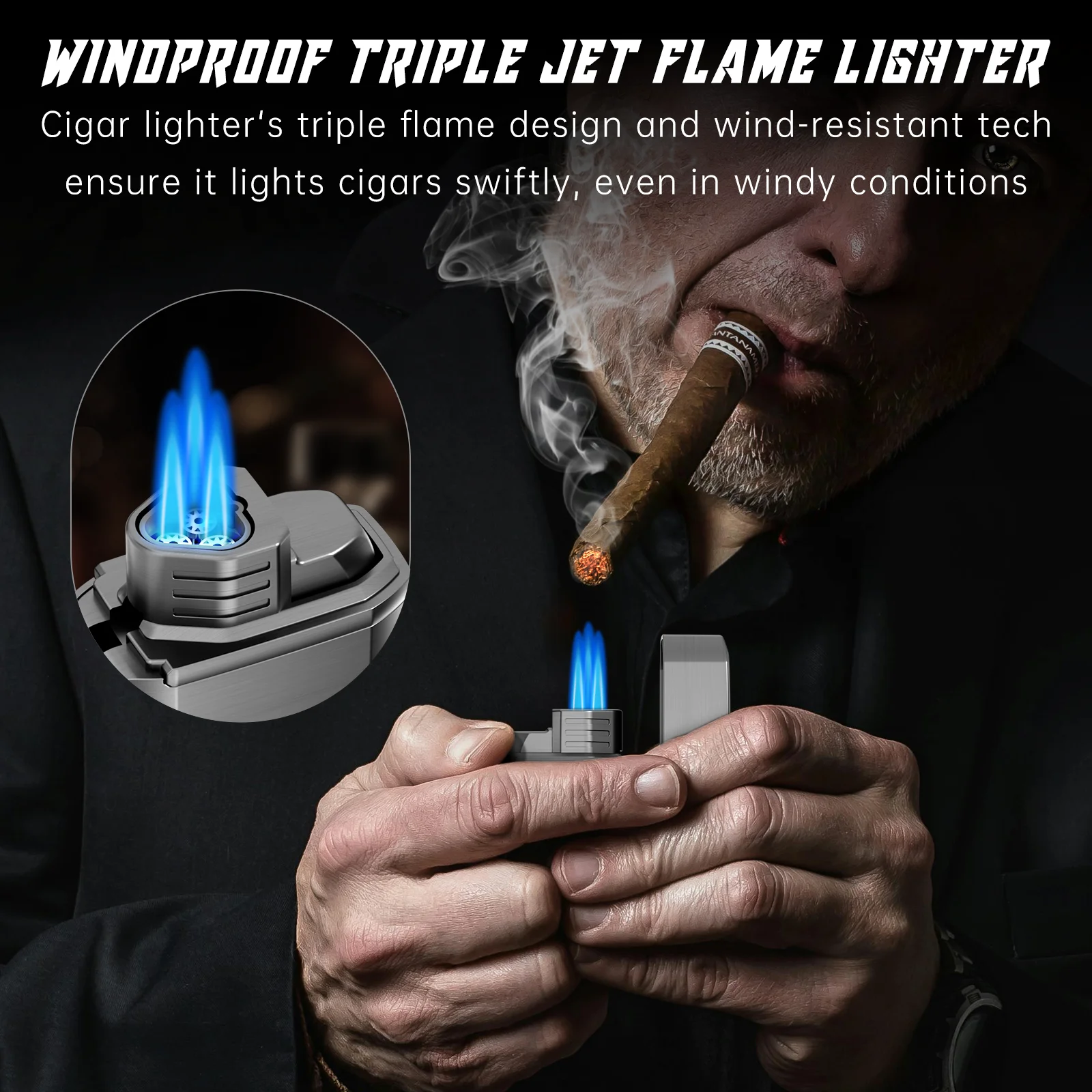 Cigar Lighter Multi-Function Torch Lighter Built-in Cigar Holder&One-Touch Cutter V Cut 3 Jet Flame Butane Lighters Accessories Butane Lighter