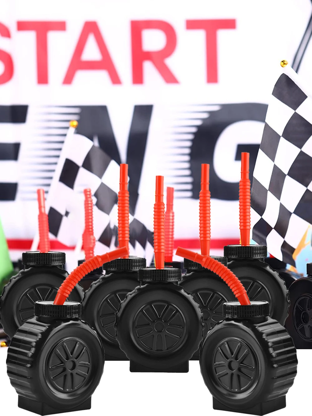 Racing Party Schwarze Reifenförmige Becher Kunststoff Rennwagenbecher mit rotem Strohhalm für Kinder Verkehrsauto Geburtstagsfeier Dekorationszubehör – Detail 1