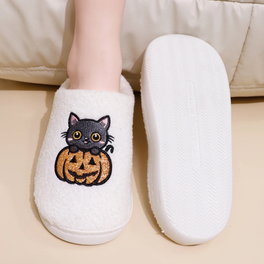 Halloween Plush Slippers Warm Slip-on House Shoes Anti Slip Fluffy Home Slippers Furry Pumpkin Cat Slipper for Indoor Bedroom