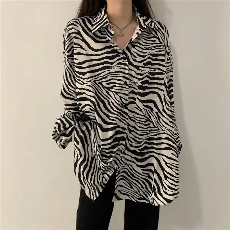 Spring Summer Streetwear Polo-neck Zebra Print Loose Casual Shirt Top Women Long Sleeve Buttons Cardigan Blouse Female Clothes