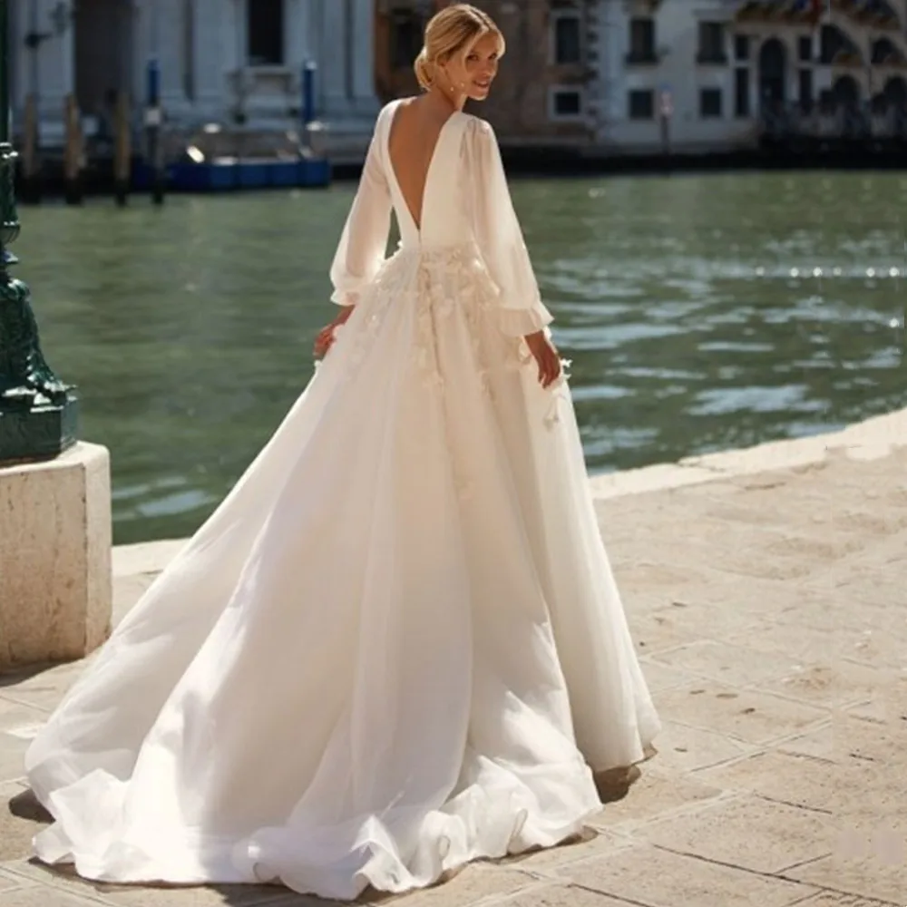 Elegant Long Sleeves Beach Wedding Dress | V Neck Puff Sleeves