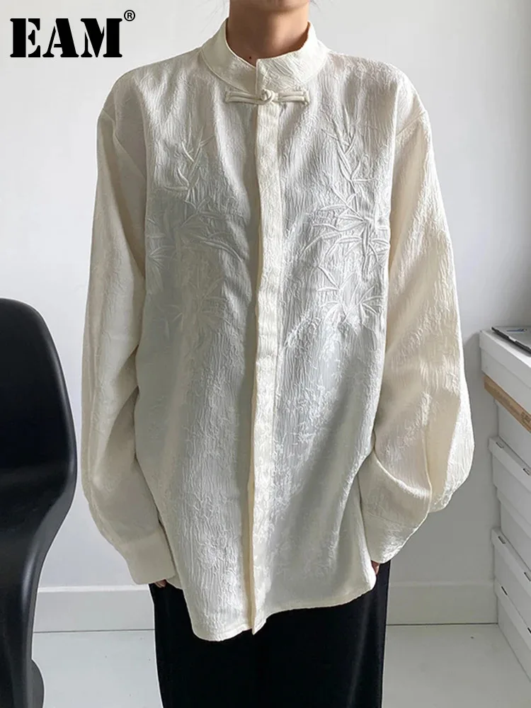 

[EAM] Women Apricot Jacquard Big Size Elegant Blouse New Stand Collar Long Sleeve Shirt Fashion Tide Spring Autumn 2024 1DH0734