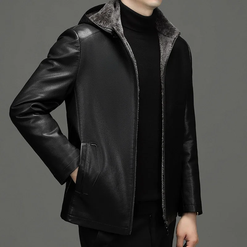 

Autumn YN-2267 And Winter Men's Coat Stand Collar Hooded Natural Sheep Leather Short Jacket Lamb Fur Youth Casual Wear