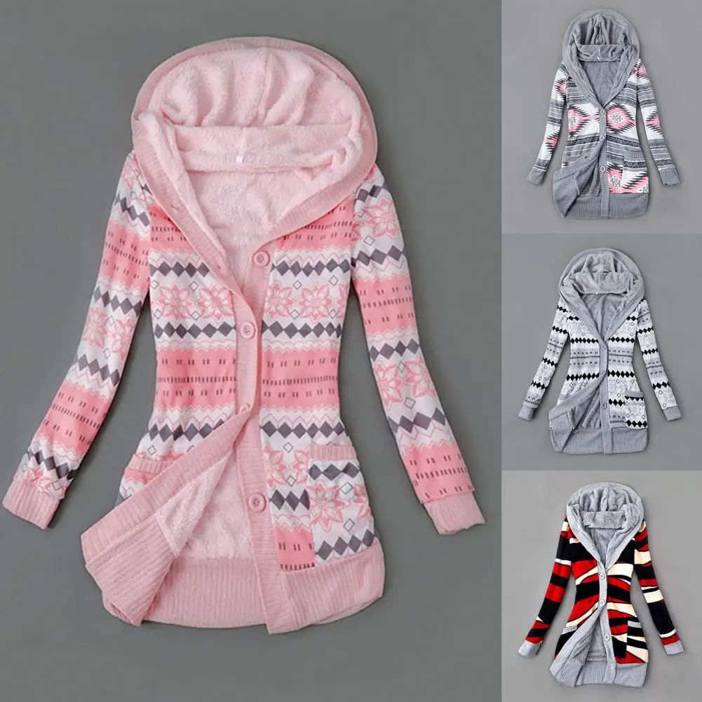 Fashion Women Cardigan  Hooded Skin-friendly Sweater Cardigan  Buttons Closure Hooded Plush Lining Sweater Cardigan - 6