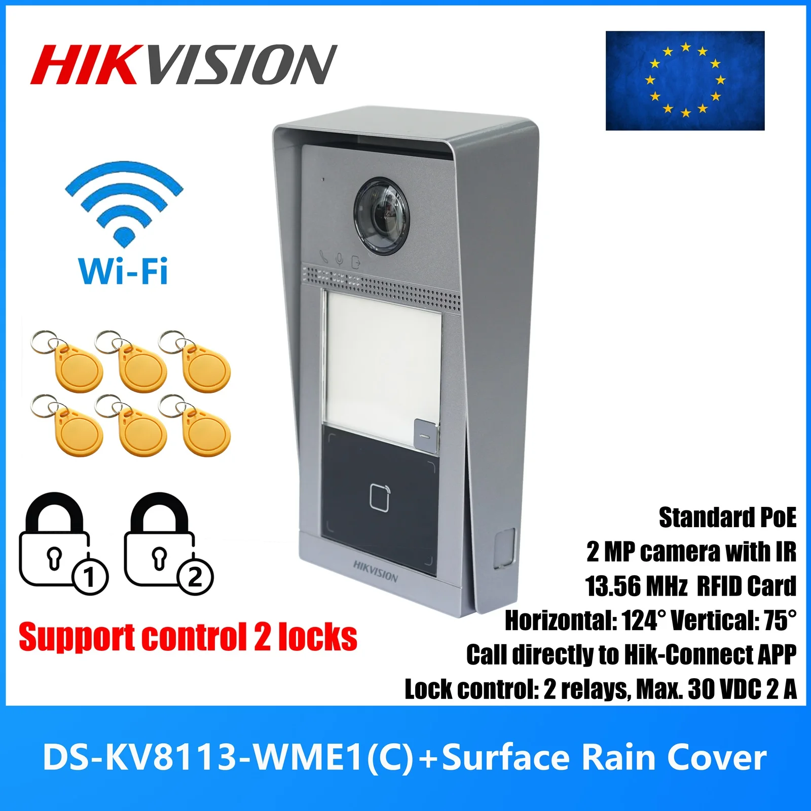 HIKVISION 1 Tasten DS-KV8113-WME1(C) IP-Türklingel zur Oberflächenmontage, Steuerung von 2 Schlössern, WLAN-Türsprechanlage, Video-Gegensprechanlage, IC-Karten-Entsperrung