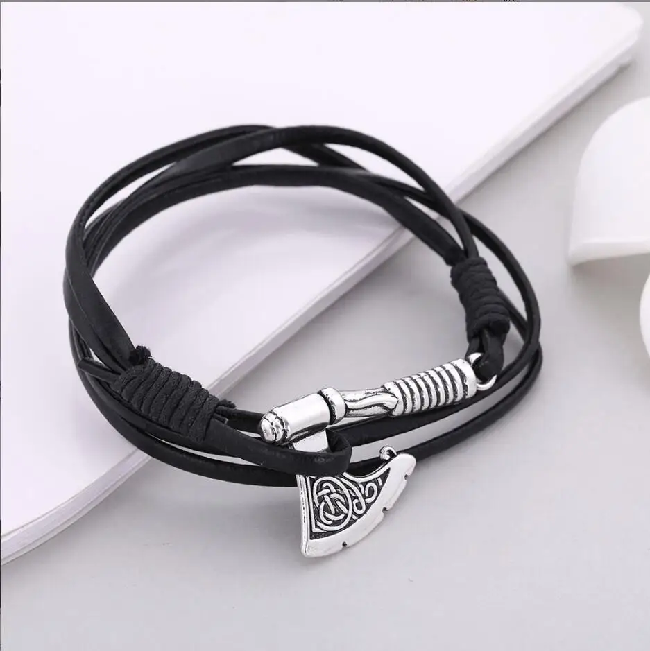 1 Pz Uomo Viking Celtic Wolf Raven Axe Bracciale Odin Symbol Scandinavo Rune Charm Bracciale In Corda Di Pelle Maschile Norse Amuleto F110