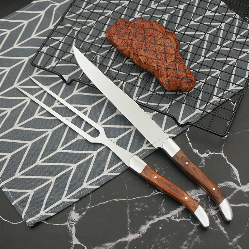 

Stainless Steel Carving Knife Straight Metal Fork Set Japanese Steak Cutlery Wood Handle Kitchen Dinnerware Set 2Pcs 12''