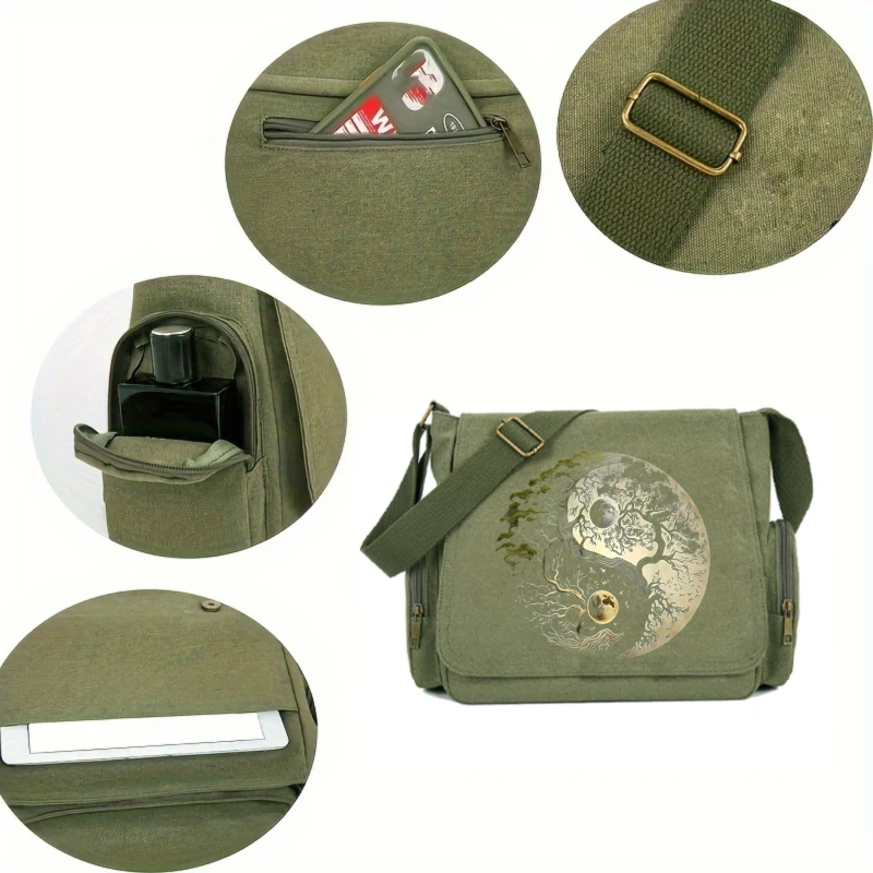 Vintage Women's Shoulder Bag Canvas Yin Yang Tree Print Large Capacity Crossbody Bag Daily Use Messenger Bag