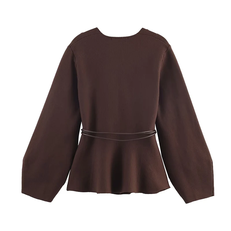 2025 Women Jacket Fashion With Belt Knitted Short Coats Women Casual Loose High Street V Necl Long Sleeve New Jackets Outerwear