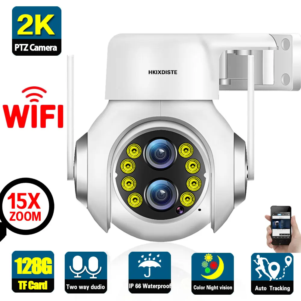 2K 4MP Wifi PTZ Security Camera Dual Lens Outdoor Street 15X Zoom Wireless CCTV Video Surveillance Camera Auto Tracking IP Cam