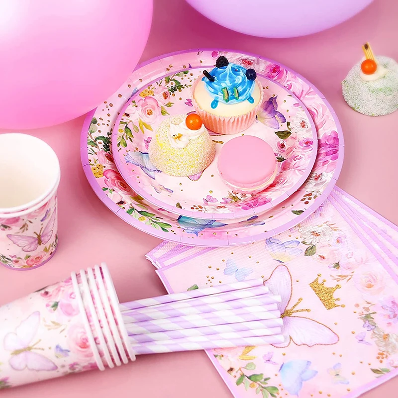 Ensemble de vaisselle britannique à thème de fête d'anniversaire, fleur  d'encre, papillon, plateaux en papier, tasse, serviettes, décoration de  gâteau, couteau, fourchette et cuillère, bain de bébé - AliExpress