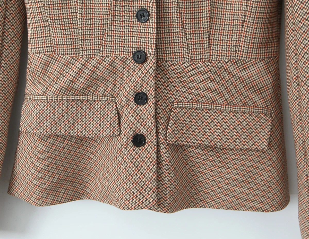 2 pieces 1 set Women Slim Boning Waist Removable Faux Fur Collar Houndstooth Plaid Blazer + High Waist A line Mini Skirt Suits