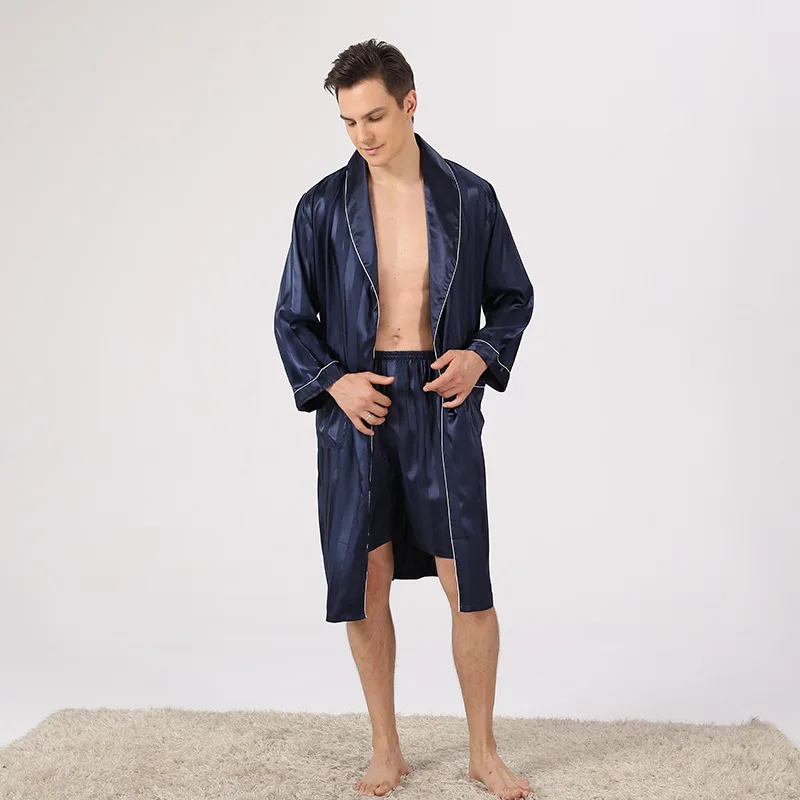 Luxury Men's Silk Robe 3XL Long Sleeve Sleepwear Bathrobe & Shorts 2Pcs/Set Satin Nightgown Summer Home Clothing Male Loungewear