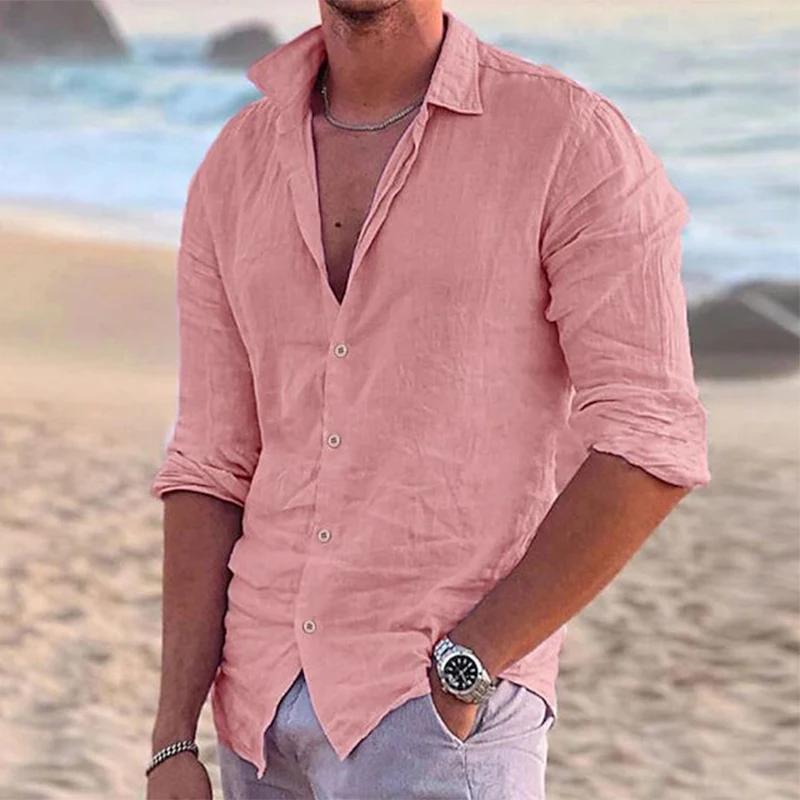 

Leisure Cotton Shirts Men Long Sleeve Button Turndown Collar Casual Loose Shirt Beach Style Pure Color Mens Tops Vintage Clothes
