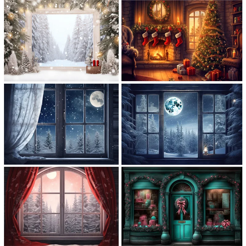 

SHUOZHIKE Christmas Day Fireplace Photography Backdrops Prop Window Living Room Interior Village House Theme Background DR-10