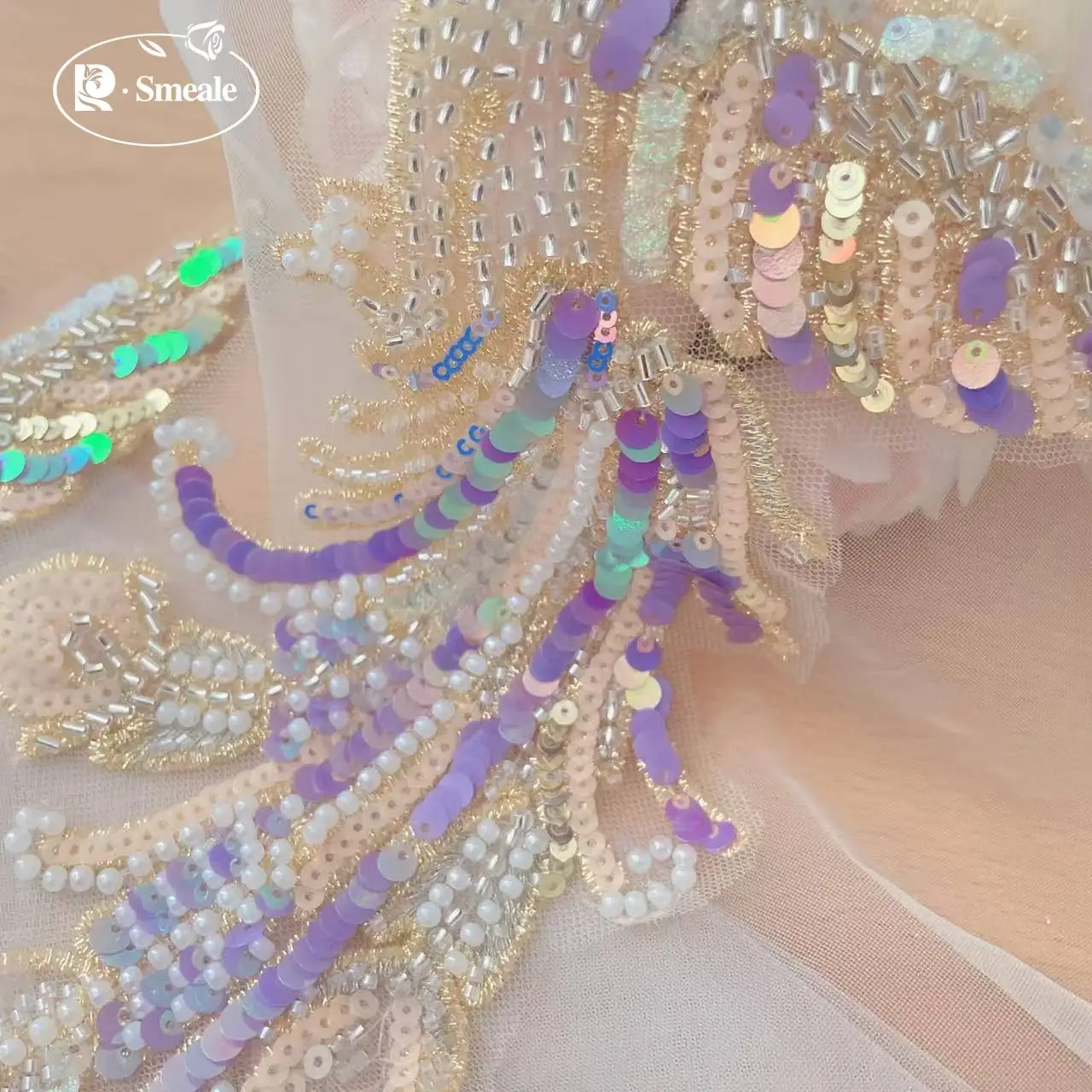 40*18CM.Beaded Sequins Mirror Phoenix 다채로운 보라색 아동 의류 장식, DIY 재봉 액세서리. 수제 보석