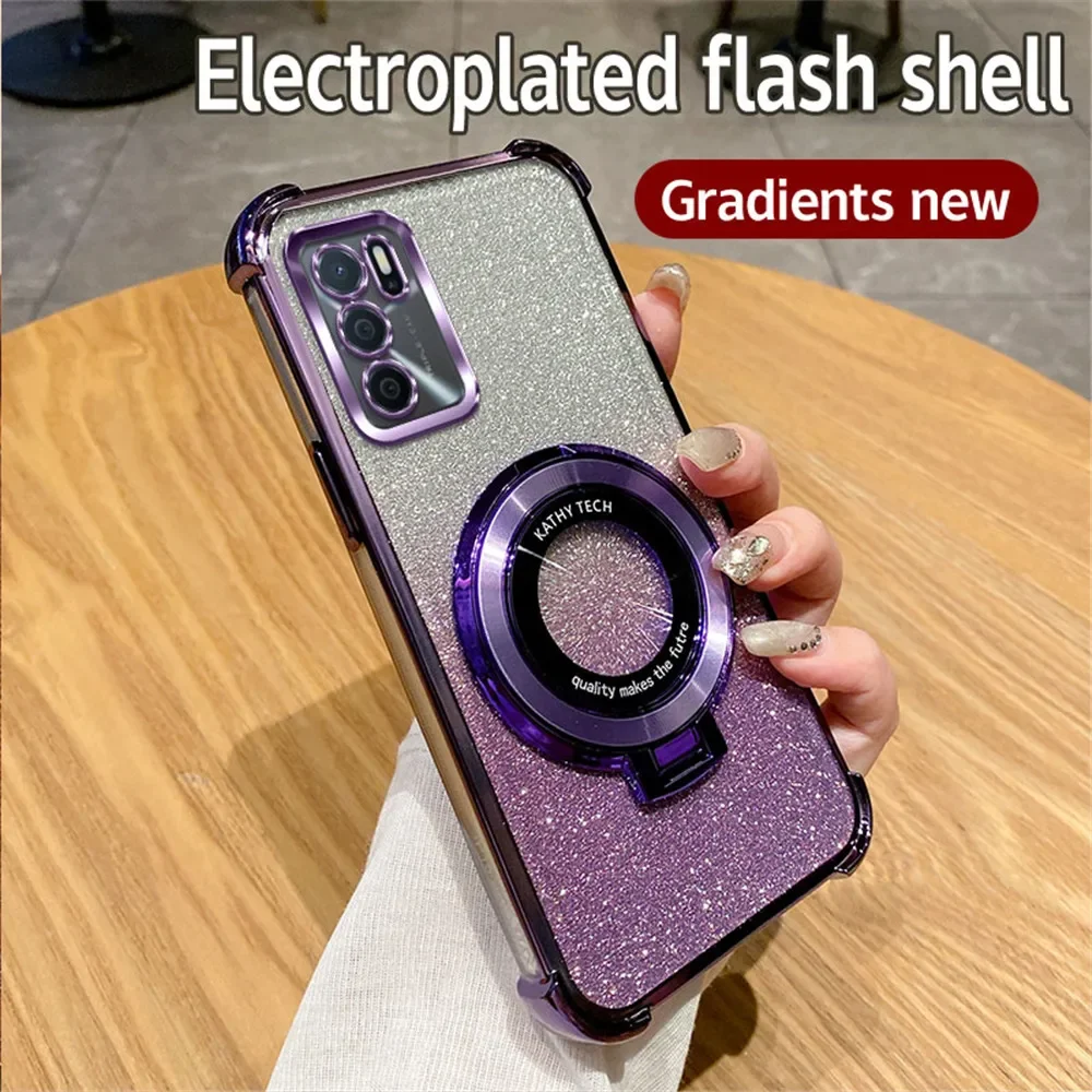 Glitter Shockproof Plating Phone Case with Bracket and Soft Stand Cover