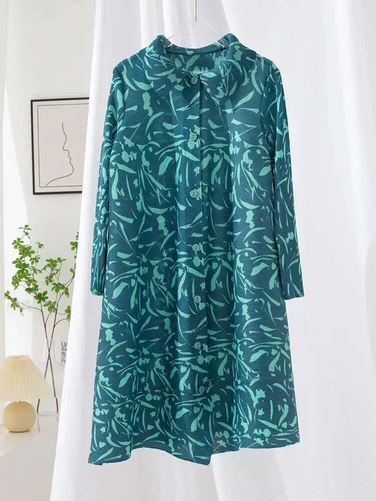 LANMREM Elegant Printing Pleated Dress Women Lapel Single Breasted Mid Length Dresses Fashion Party 2025 Spring New 2AA1888 - Image 4
