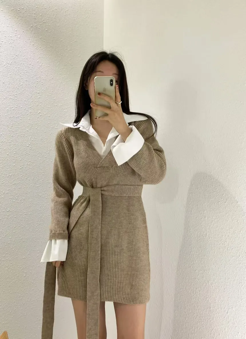 Korean Chic Mini Dresses Women Turn-down Collar Long Sleeve Shirt Patchwork Autumn Winter Knitted Dress Casual Fashion Vestidos