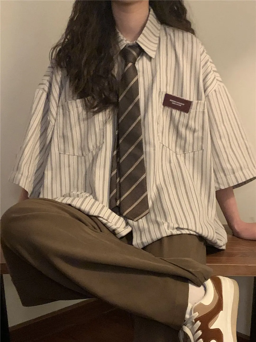 Shirt High Quality Striped With A Tie Fitting Loose Versatile College Wind Short Sleeved Vintage Clothe Top Japanese Women Shirt