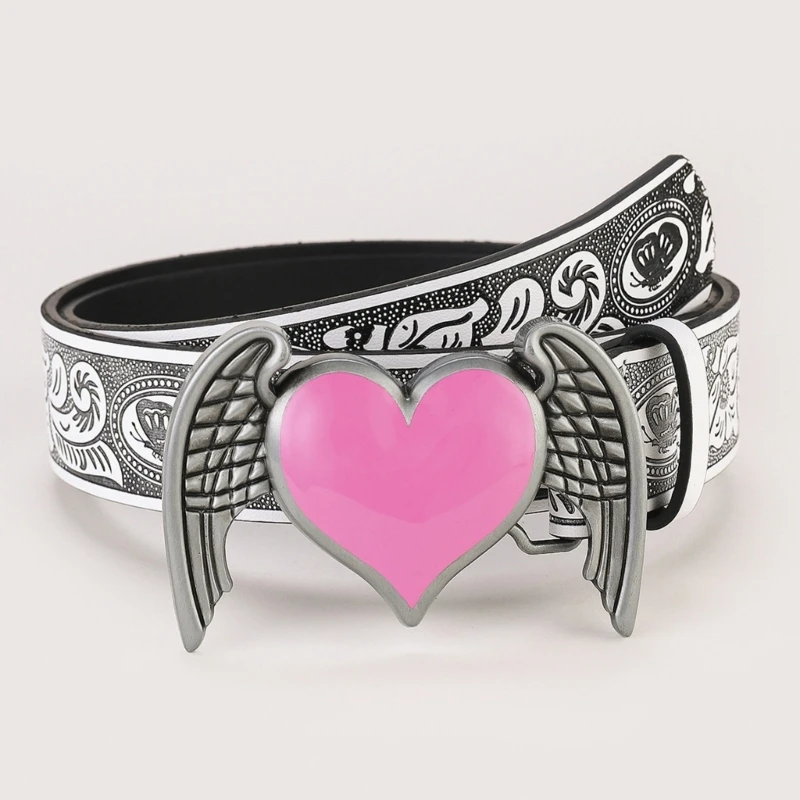 

Locomotive Women Pink Heart and Double Wing Buckles Waist Belts Relief Pattern Belt for Adults Jeans Accessories
