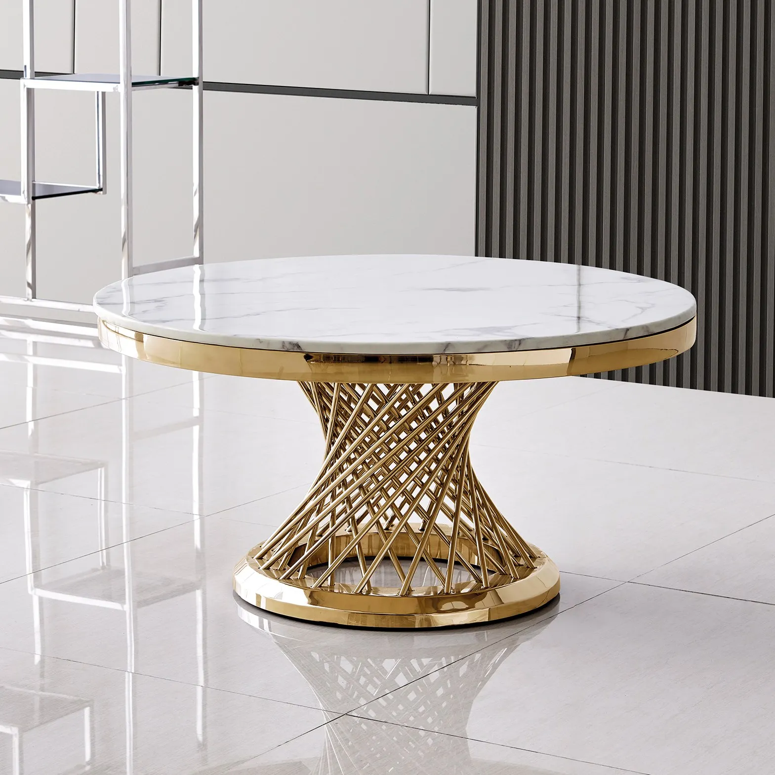 

[Flash Sale]Luxurious Design Marble Round Coffee Table with Gold Mirrored Finish Stainless Steel Base[US-W]