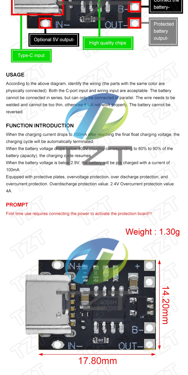 TZT 1/5/10PCS Typ-C USB TP4056 1A Lithium-Batterie Lade Schutz Bord Modul Polymer Batterie mit Temperatur Schutz – Detail 5