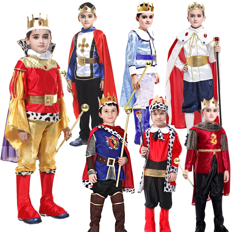

Kids Boys Carnival Cosplay Dress Up Medieval King Costume Prince Cloak Crown Set Christmas Party No Scepter