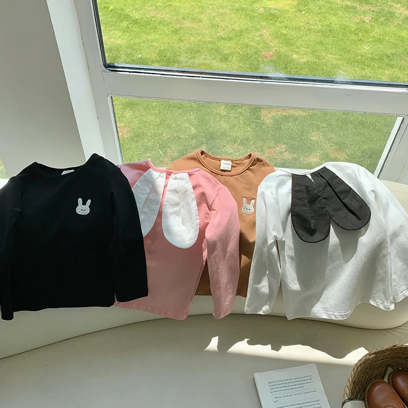 

Little Rabbit Ears Embroidered Knitted Long-Sleeved T-Shirt for Girls 2023 Autumn Children's Base Shirt Korean Style Baby Top