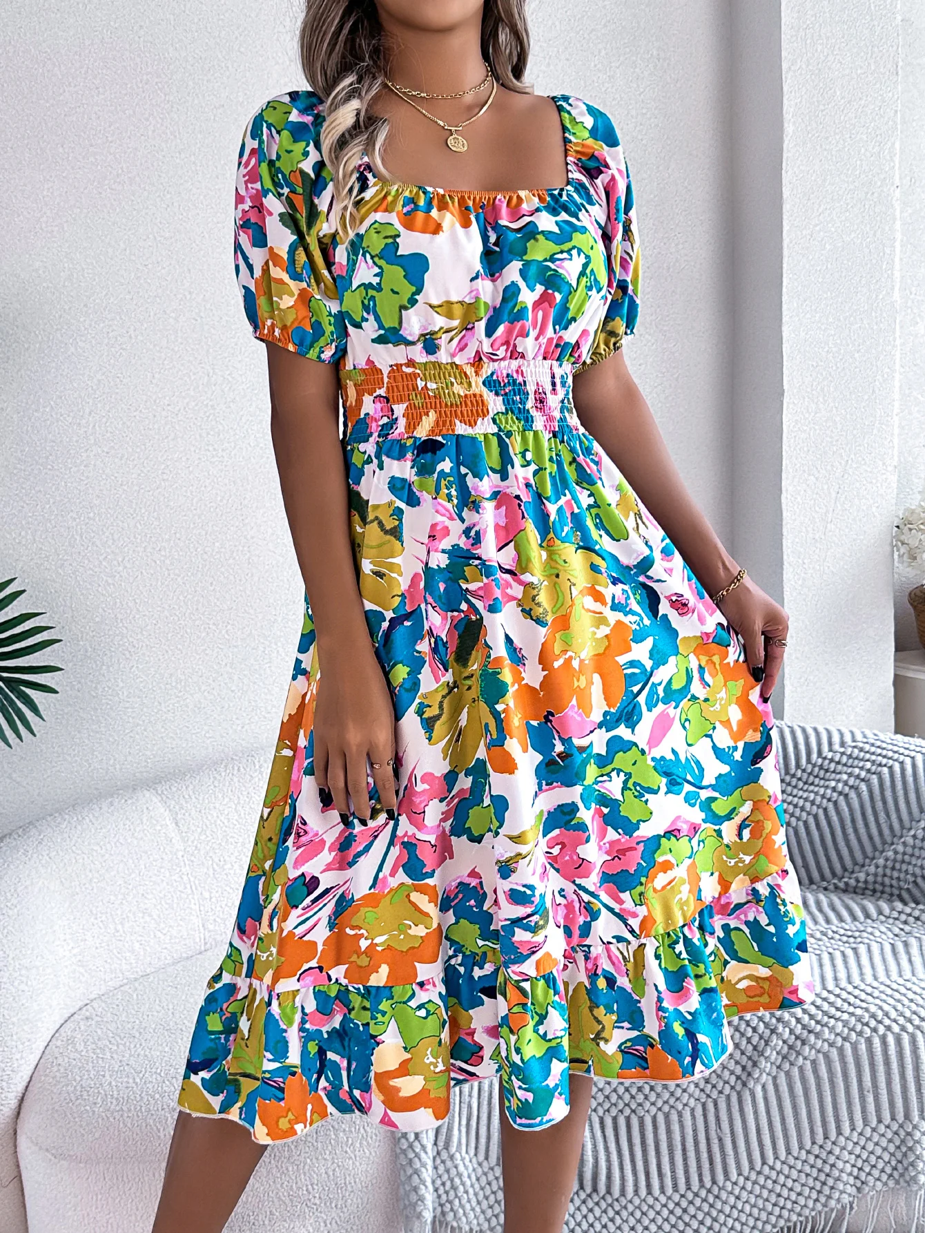 Floral Print Square Neck Short Sleeve Dress for Women