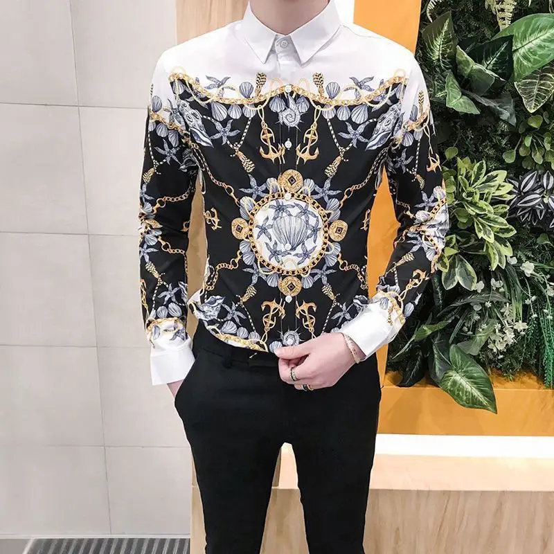 2024 New Spring and Autumn Korean Edition British Street Fashion Casual Loose Print Paisley Button Long sleeved Men's Shirt Top black small round neck strong shoulders knitted paisley pattern long sleeve mini dress for woman 2024 spring summer