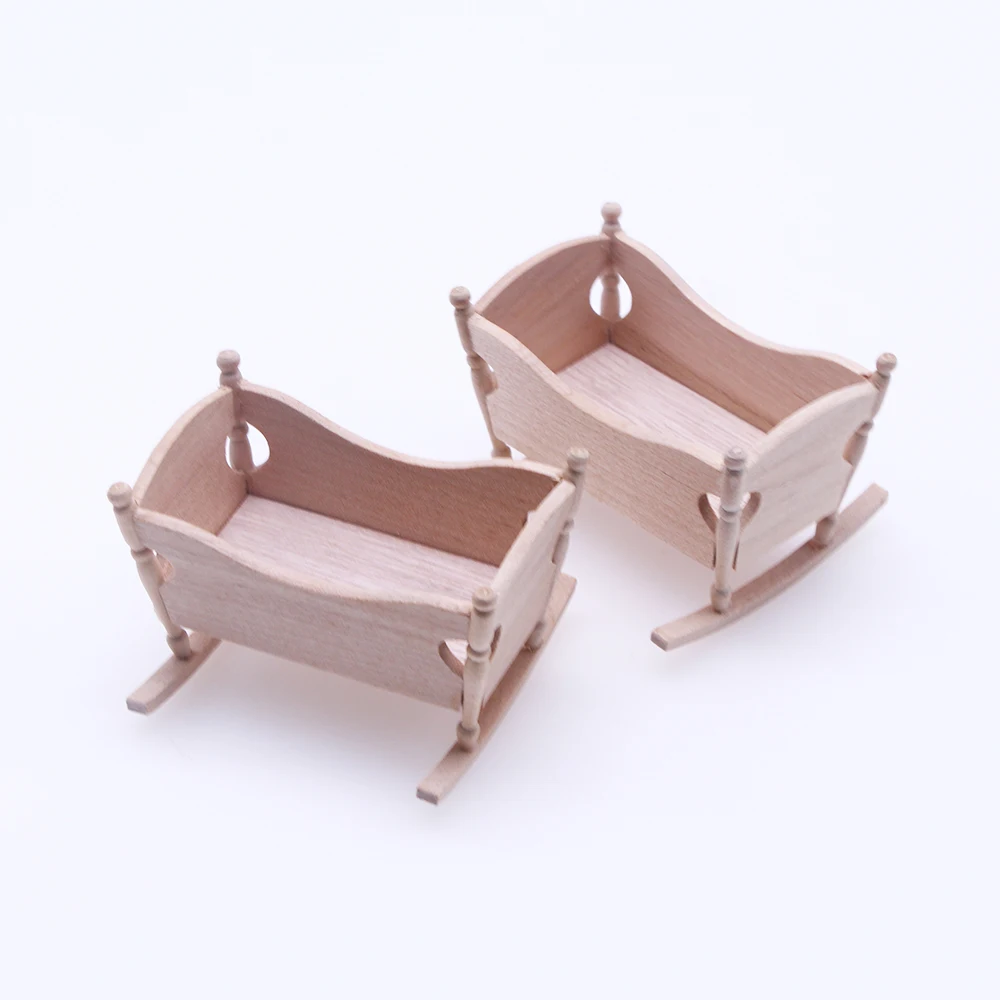 1Pcs DollHouse Miniature Wooden Furniture Shaker Cradle Baby Bed Model Toys Nursery Simulation Crib Dolls Home Deccor  Accessory